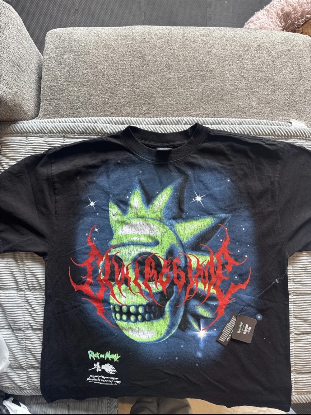 Rick and Morty Black Graphic Short Sleeve Tee with Neon Green Skull